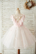 Vestido de niña de las flores de boda con cuello transparente de tul de gasa rosa