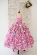 Pink 3D-Blumen-Spaghetti-Träger Korsett zurück Hochzeit Blumenmädchenkleid