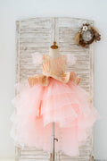 Розовое жаккардовое тюлевое платье с короткими рукавами и свадебным платьем для девочек, детская вечеринка