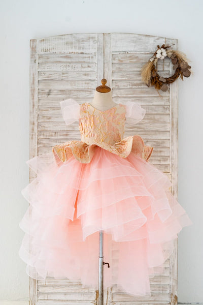 Pink Jacquard Hi Low Tulle Wedding Flower Girl Dress Kids 