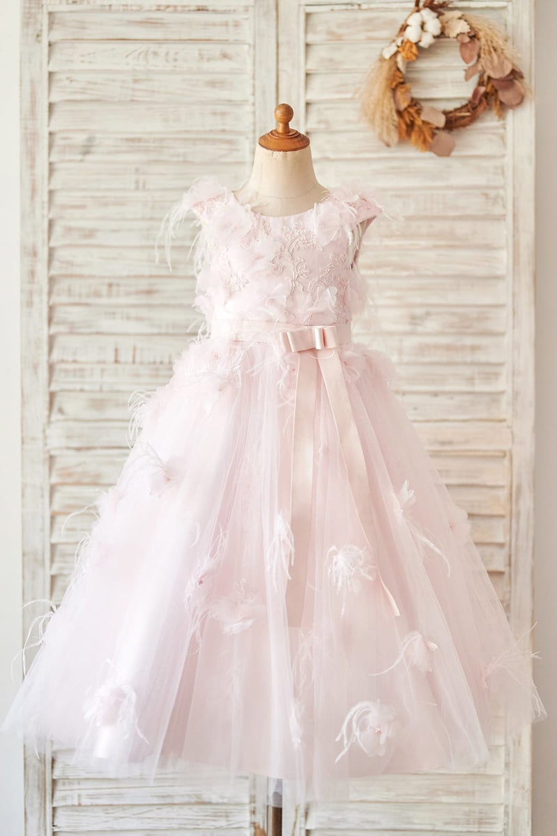 Pink Lace Tulle V Back Wedding Flower Girl Dress, Feather - Princessly