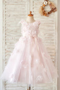 Vestido de niña de las flores de boda con espalda en V de tul de encaje rosa, pluma