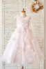 Robe de demoiselle d'honneur en dentelle rose avec tulle et dos en V, plume - 2T