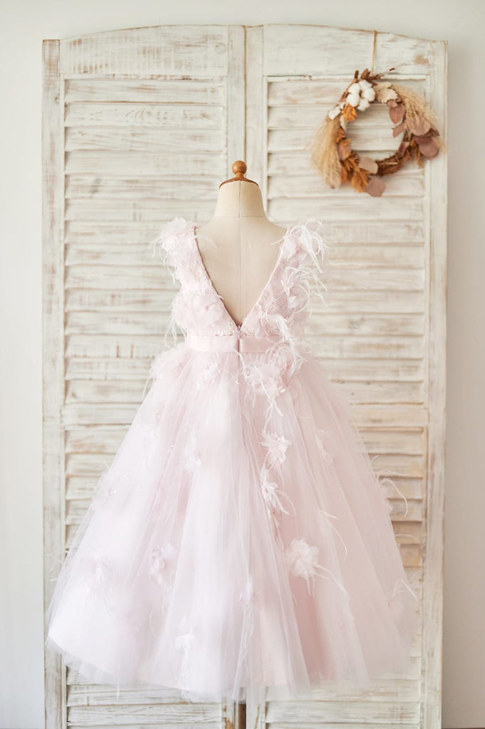 Pink Lace Tulle V Back Wedding Flower Girl Dress with 