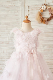 Pink Lace Tulle V Back Wedding Flower Girl Dress with 