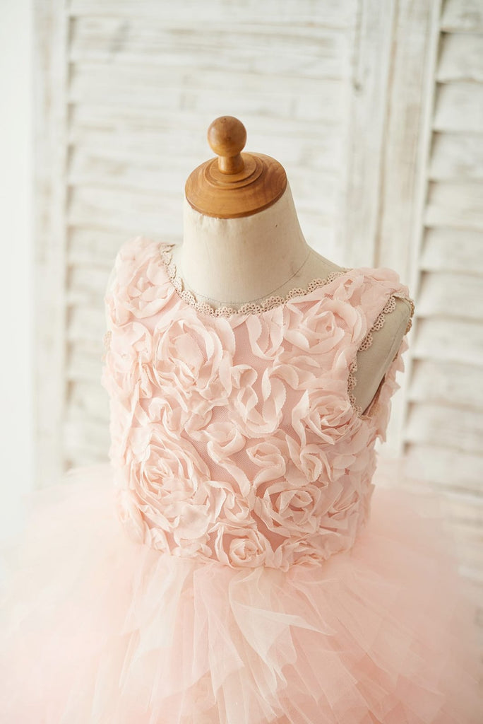 Pink Rosette Tulle V Back Wedding Flower Girl Dress