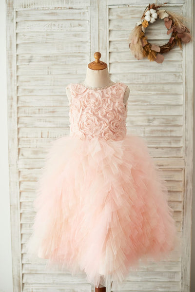 Pink Rosette Tulle V Back Wedding Flower Girl Dress