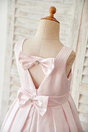 Pink Satin V Back Wedding Flower Girl Dress with Bows