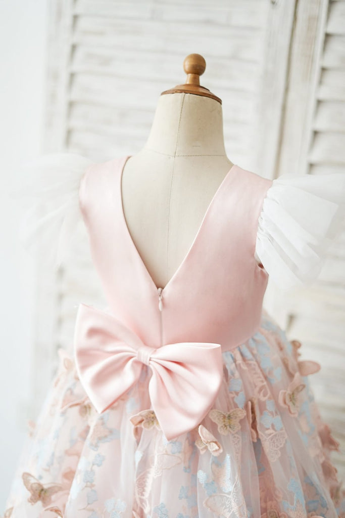 Pink Satin Butterfly Tulle Ruffle Cap Sleeves V Back Wedding