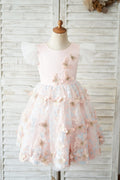 Pink Satin Butterfly Tulle Ruffles Cap Sleeves V Back Wedding Flower Girl Dress