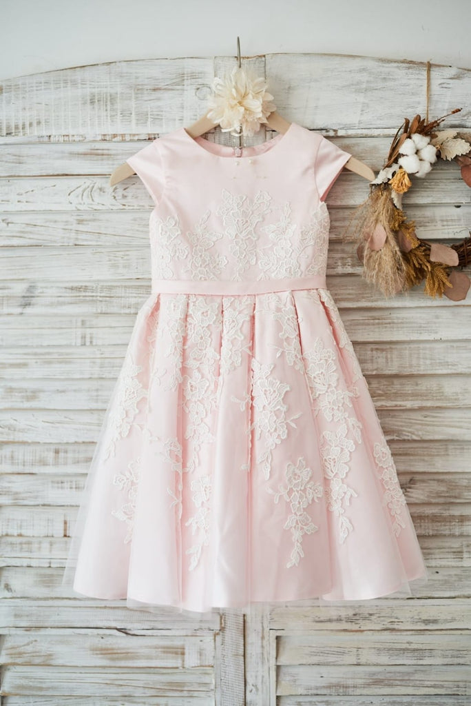 Pink Satin Ivory Tulle Lace Cap Sleeves Wedding Flower Girl Dress, Belt 8T Pink Satin Ivory Tulle Lace Cap Sleeves Wedding Flower Girl Dress, Belt 8T