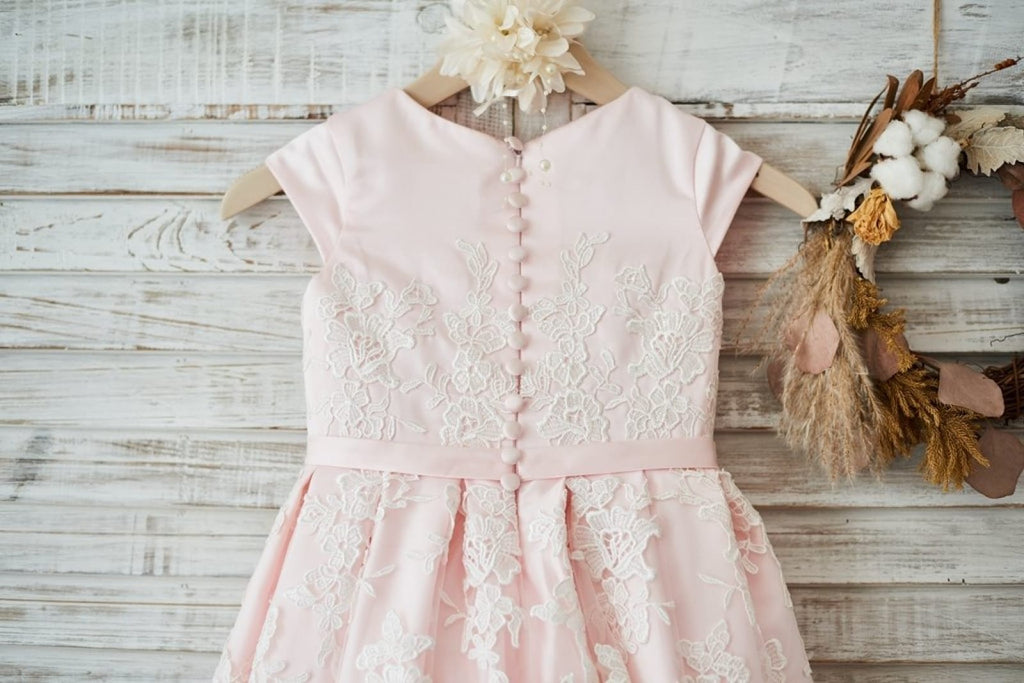 Pink Satin Ivory Tulle Lace Cap Sleeves Wedding Flower Girl 