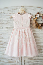 Pink Satin Ivory Tulle Lace Cap Sleeves Wedding Flower Girl 