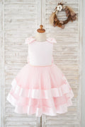 Розовое атласное тюлевое свадебное платье с цветочным узором для девочек, детское торжественное платье, с бантом