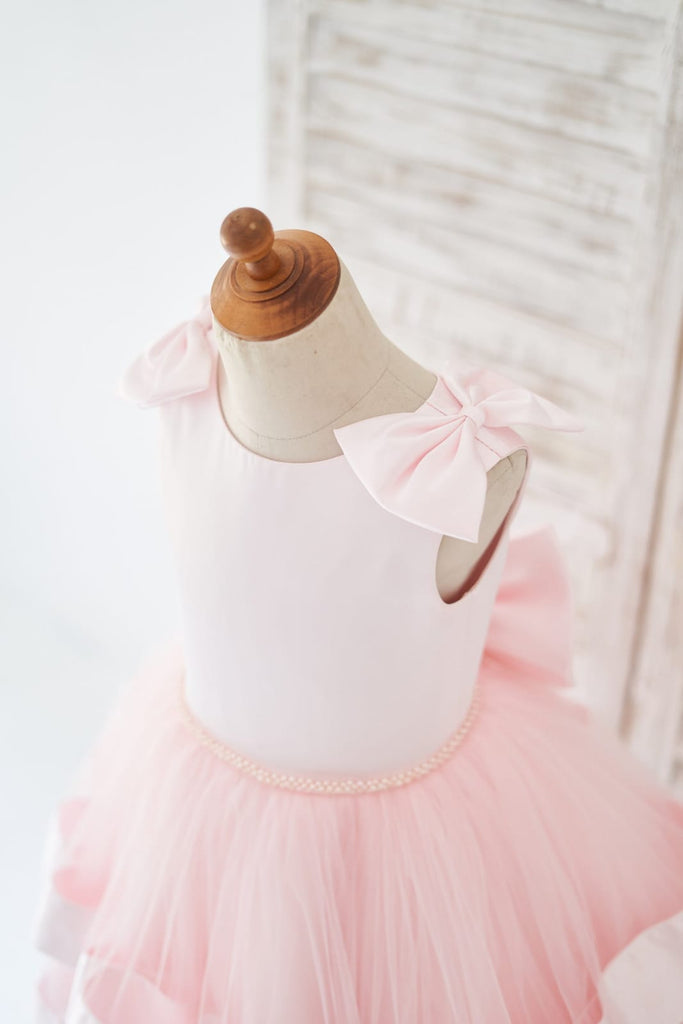 Pink Satin Tulle Cupcake Wedding Flower Girl Dress with Bow