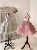Pink / Silver Gray Jacquard Feather High Neck Wedding Party Flower Girl Dress
