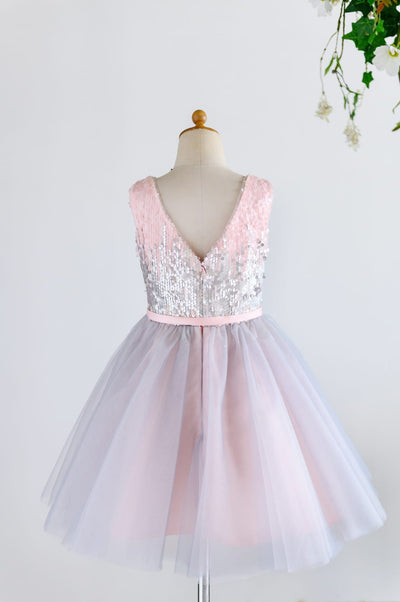 Pink Silver Gray Sequin Tulle V Neck Wedding Flower Girl 