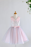 Pink Silver Gray Sequin Tulle V Neck Wedding Flower Girl Dress