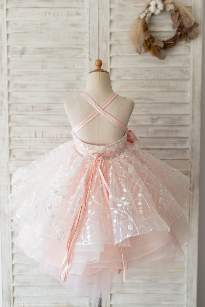 Pink Tulle Beaded Lace Wedding Flower Girl Dress Kids Party 