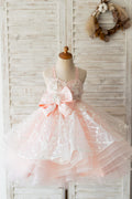 Vestido de niña de las flores de la boda de la espalda cruzada de las correas de encaje con cuentas de tul rosa Vestido formal de los niños