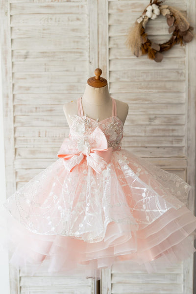 Pink Tulle Beaded Lace Wedding Flower Girl Dress Kids Party 