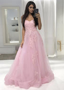 Розовое тюлевое платье для выпускного вечера принцессы с бретелями длиной до пола, кружево