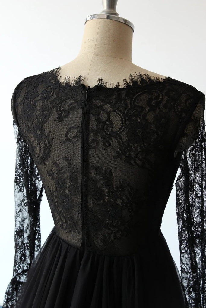 Plunge Long Sleeve Sweep Lace Tulle A-line Black Wedding