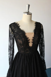 Plunge Long Sleeve Sweep Lace Tulle A-line Black Wedding