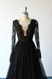 Plunge Long Sleeve Sweep Lace Tulle A-line Black Wedding