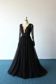 Plunge Long Sleeve Sweep Lace Tulle A-line Black Wedding