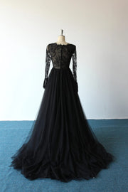 Plunge Long Sleeve Sweep Lace Tulle A-line Black Wedding