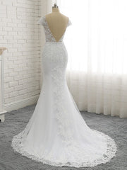 Short Sleeve V Neck Trumpet Beaded Lace Satin Open Back Wedding Dress