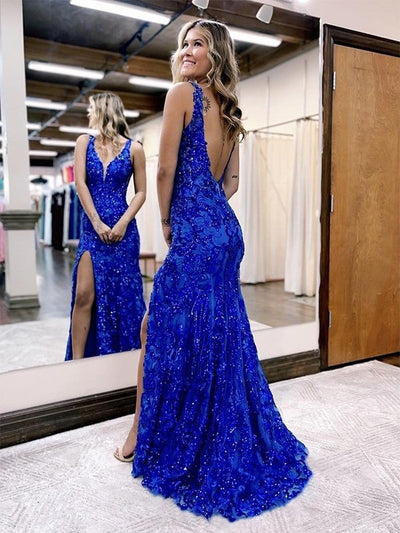 Mermaid / Trumpet Prom Dresses Sparkle & Shine Dress Formal Sweep V Neck Sequined Backless with Sequin Gown 2023