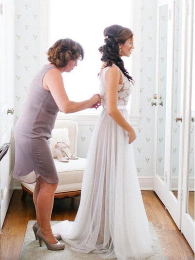 A linha Illusion Scoop Andar de comprimento mangas Marfim Lace Tulle vestido de casamento