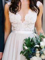 A-line Ilusión Scoop Piso-Length Sleeveless Ivory Lace Tulle vestido de novia