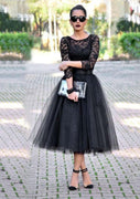 Vestido de baile preto princesa manga 3/4 renda tule barco comprimento chá preto