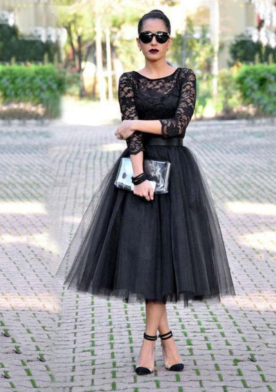 Princess 3/4 Sleeve Lace Tulle Bateau Tea Length Black Prom 