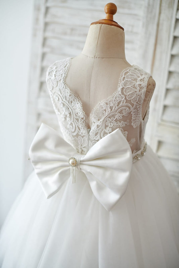 Princess V Back Ivory Lace Tulle Wedding Flower Girl Dress 