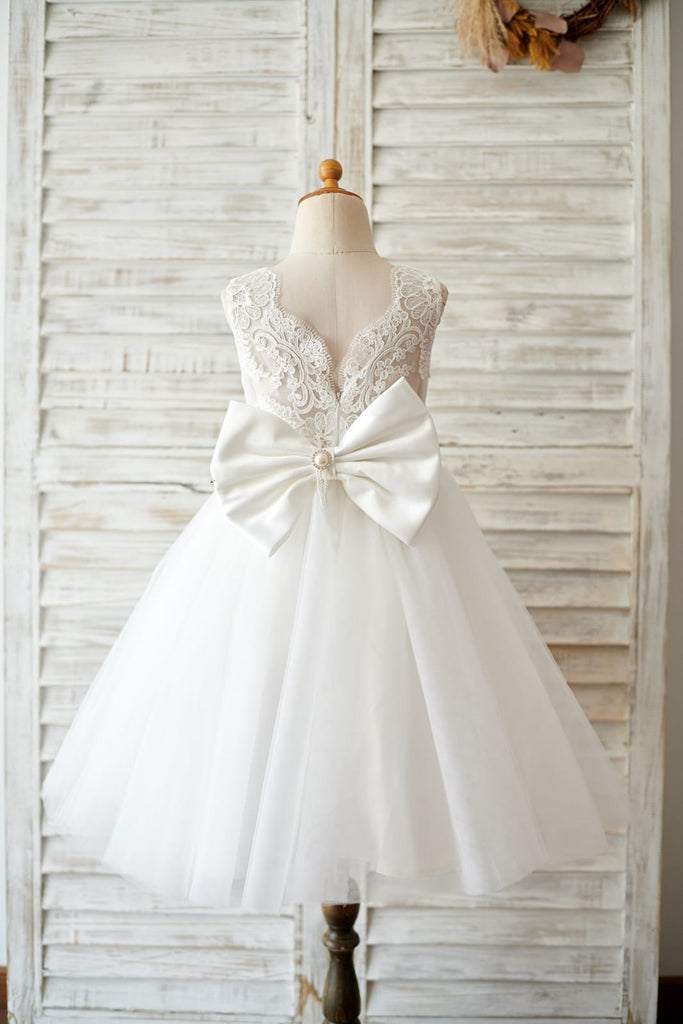 Princess V Back Ivory Lace Tulle Wedding Flower Girl Dress 
