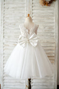 Princess V Back Ivory Lace Tulle Wedding Flower Girl Dress, Big Bow