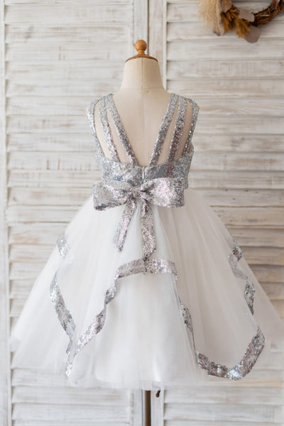 Backless Silver Sequin Tulle Wedding Flower Girl Dress Kids 