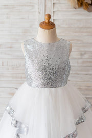Backless Silver Sequin Tulle Wedding Flower Girl Dress Kids 