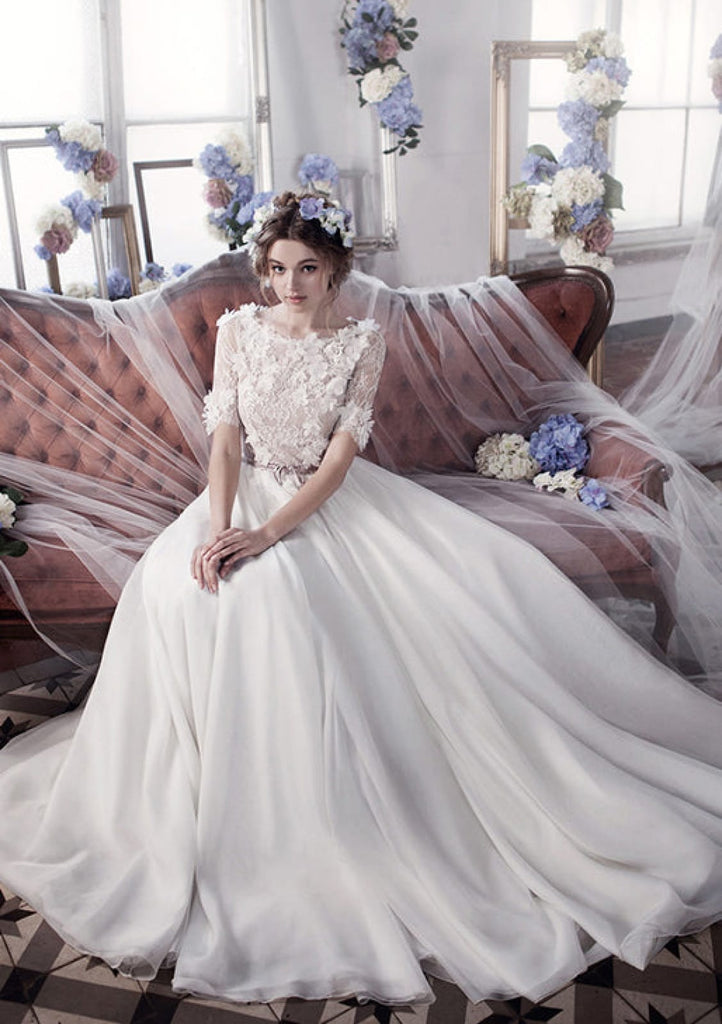 Princess Bateau Lace Chiffon 3D Flowers Bridal Gown Wedding Dress - Princessly Princess Bateau Lace Chiffon 3D Flowers Bridal Gown Wedding Dress - Princessly
