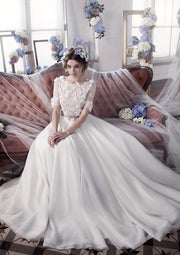 Princess Bateau Lace Chiffon 3D Flowers Bridal Gown Wedding 
