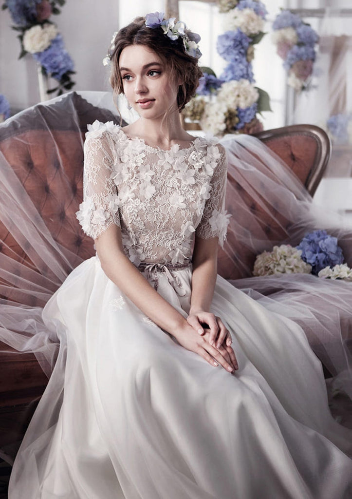 V-neck chiffon sheath wedding gown with 3D flowers