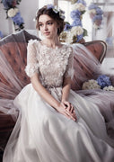 Princesa Bateau encaje gasa 3D flores vestido de novia vestido de novia