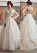 Princess Bateau Long Sleeve Court Tulle Wedding Dress, Lace