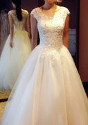 Princess Beaded Cap Sleeve Ivory Lace Tulle Bridal Gown Wedding Dress