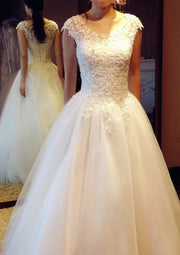 Princess Beaded Appliques Lace Up Floor Length Tulle Wedding