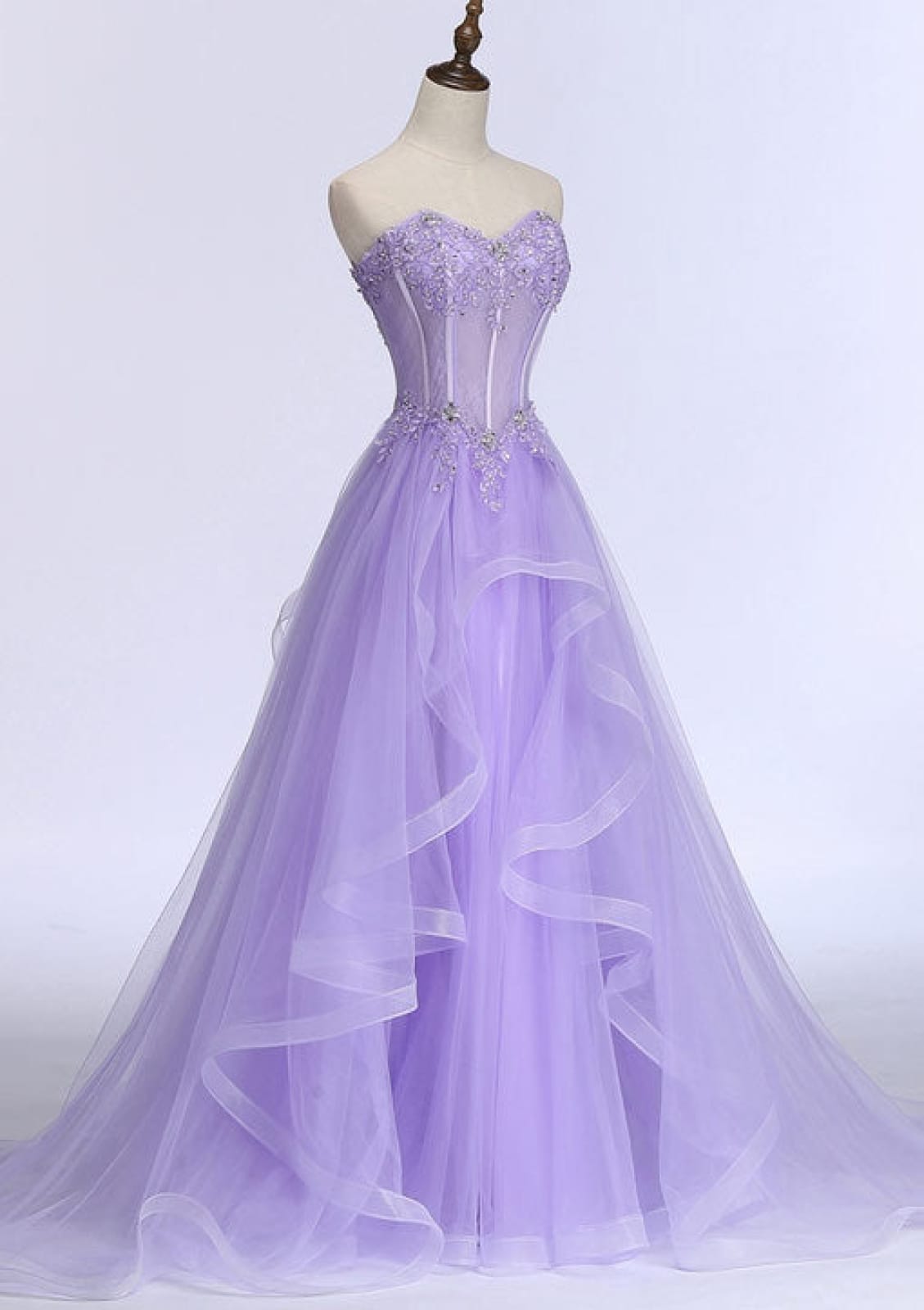 Princess Corset Strapless Cascading Horse Hair Lilac Lace Tulle Prom Dress, Beading Princess Corset Strapless Cascading Horse Hair Lilac Lace Tulle Prom Dress, Beading